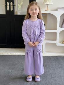 Souflis 2 peças/Conjunto Estilo Francês Vintage Menina Jovem Roxa Laço Decorativo Top + Calça Perna Larga