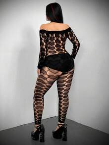 Whyspr Valentines Casual Punk Plus Size Women's Sexy Hollow Out Sheer Off-Shoulder Bodycon Jumpsuit - Black - View 5