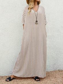 EMERY ROSE 女士V领条纹印花斜插口袋休闲连衣裙 - 彩色 - 查看 7