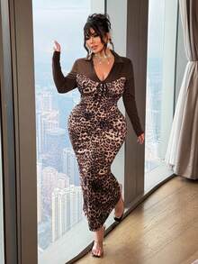 NU&NOW Đầm dài tay ôm dáng thời trang, phối họa tiết da báo, thắt nơ phía trước, dành cho nữ cỡ lớn. - màu đen - Xem 5