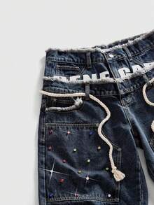 ROMWE MEN Street Life Men's Loose Fit Denim Shorts With Sparkling Diamond Waistband - Dark Wash - View 4