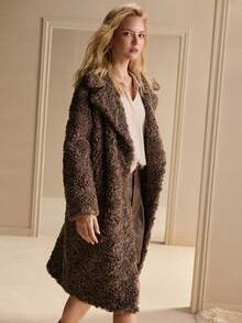 MOTF PREMIUM 秋冬双排扣长袖仿皮草大衣 - 咖啡棕 - 查看 5