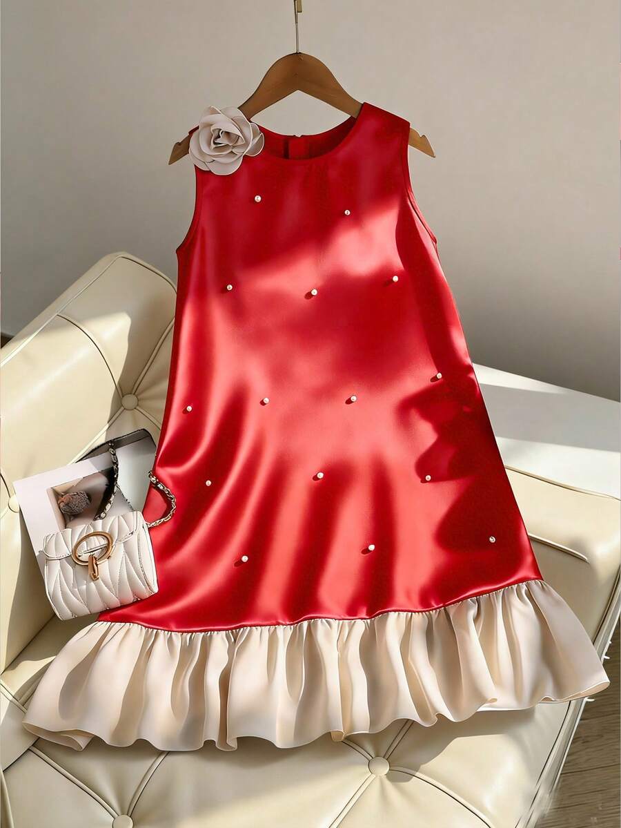 SHEIN 少女时尚派对宴会花卉3D装饰仿珍珠荷叶边无袖连衣裙 - 紅色 - View 1