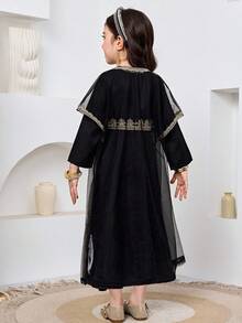 SHEIN 2件裝少女黑色傳統夏季婚禮套裝，純色網紗開襟衫與洋裝套組，阿拉伯式阿巴雅節慶長袍 - 黑色 - 查看 8