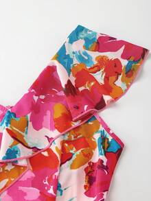 Olithes Women Elegant Floral Printed Ruffle Hem Dress For Vacation Vacation Beach Outfit - Hot Pink - View 4