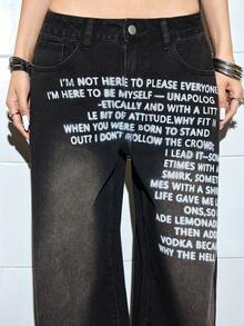 ROMWE Grunge Punk Women's Slogan Print Pocket Wide Leg Loose Casual Jeans - Black - View 6