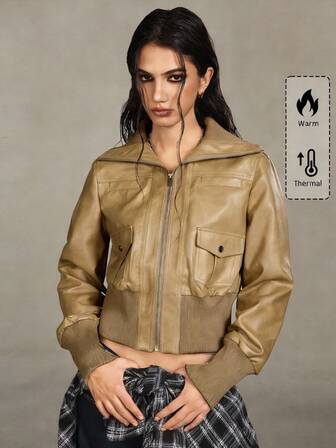 Grunge Punk Veste de motard vintage style rue en PU délavé pour femmes