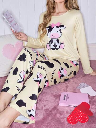 SweetSlumber Cute Cartoon Cow Print Women Pajama Set