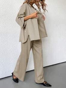 Aveloria Modichic 2件套 女士混纺侧开衩宽松衬衫和高腰阔腿裤 优雅商务休闲女装 - 杏色 - 查看 5