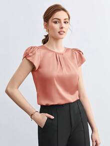 BizChic Áo kiểu nữ cổ tròn tay bồng dáng cánh hoa mới cho mùa Xuân/Hè, kiểu dáng tối giản, đa năng, phù hợp cho các dịp thường ngày, trang trọng, dự tiệc, đi biển, lễ tốt nghiệp và các kỳ nghỉ. - Rỉ Nâu - Xem 6
