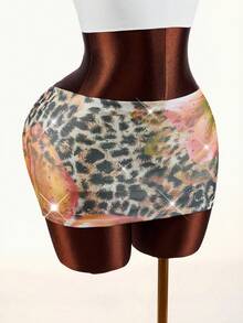 Amplova Leopard & Floral Full Print Rhinestone Embellished Mini Skirt, Super Low Waist - Multicolor - View 5