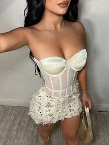 SHEIN SXY Faux Fur Leopard Print Sequin Embellished Dress,Birthday Dresses For Women, See Through Outfit , Sexy Birthday Outfit Women,Vacation,Valentine's Day,Going Out Strapless Bodycon Dress, Cream , Tube , - Multicolor - View 1