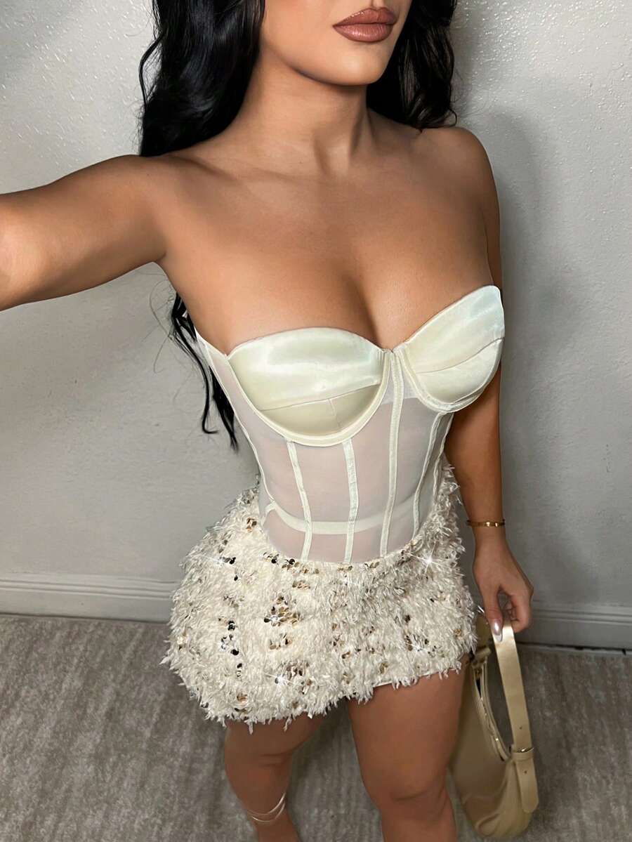 SHEIN SXY Faux Fur Leopard Print Sequin Embellished Dress,Birthday Dresses For Women, See Through Outfit , Sexy Birthday Outfit Women,Vacation,Valentine's Day,Going Out Strapless Bodycon Dress, Cream , Tube , - Multicolor - View 1