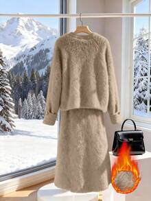 GlowEve Conjunto de 2 piezas de suéter de unicolor de alta gama y falda esponjosa para mujer - Caqui - Ver 2