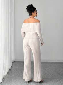 Elenzga Plus Size Autumn/Winter New Off-Shoulder Unique Slimming Top + Knitted Fashion Pants Set
