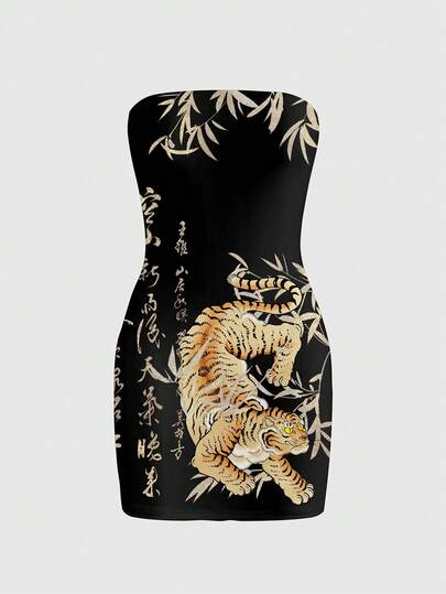 ROMWE Avant Robe tube mini gothique vintage de style de rue baddie avec imprimé calligraphie de tigre sombre dans le style chinois
