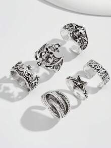 ROMWE Goth 6 chiếc nhẫn ngôi sao phong cách Punk có thể điều chỉnh kích thước, nhẫn đôi, quà tặng ngày lễ - Bạc cổ - ngôi sao đầu lâu - Xem 3