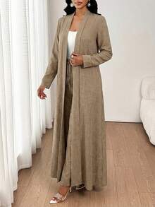 SHEIN Lady 女士纯色长袖外套和系带长裤优雅两件套 - 卡其色 - 查看 3