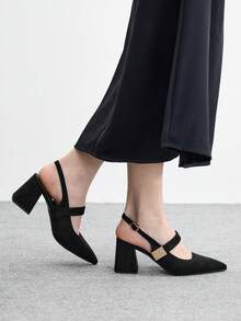 CUCCOO BIZCHIC 女士时尚杏色金属搭扣装饰粗跟鞋，经典简约设计，适合通勤、约会、派对、度假、婚礼等场合。 - 靜夜黑色 - 查看 4