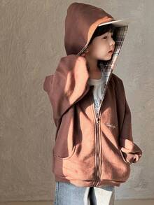 DAZY Kids Boys Plaid Patchwork Hooded Jacket, Casual Loose Fit Letter Print, Autumn - Brown - View 7