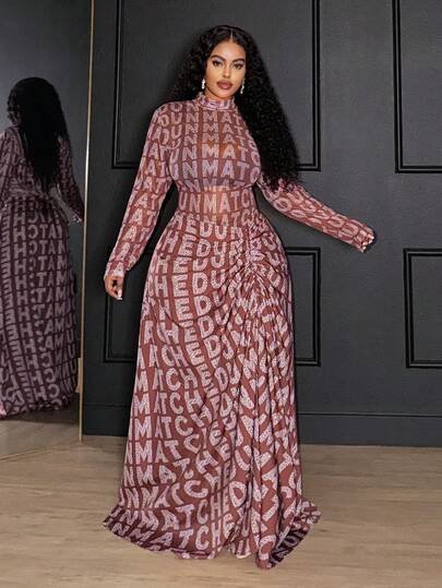 Slaydiva 2025 Autumn New Arrival Basic Casual Bodysuit With Long Sleeve Tight Mesh Print And Matching Long Pleated Skirt Set, Brown Base With Silver White Letter Print, Suitable For Birthday Party, Banquet, Back To School, Daily Wear, Cruise Travel, Elegant, Business Casual
