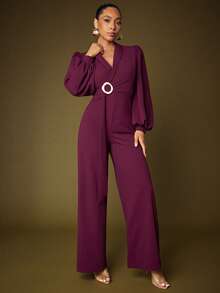 Vixey Textured Jersey Shawl Collar Plunging V Neck Lantern Sleeve Wide Leg Jumpsuit - Burgundy - View 3