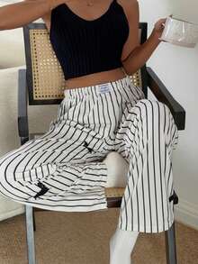 Dream Adore 女士休闲腊肠犬条纹印花弹力腰直筒家居裤