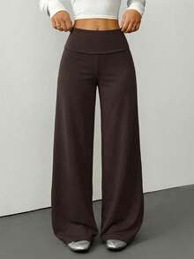 SHEIN PETITE Casual Brown Knitted Fabric Wide Leg Pants For Women Extra Long Rib-Knit Design - Brown - View 3