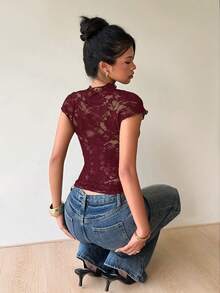 Siren Gaze Women's Lace Patchwork Stand Collar Cutout Design Fashion T-Shirt, Summer Valentine's Day Casual Red Lacey Top Women Sexy Tops - Burgundy - View 8