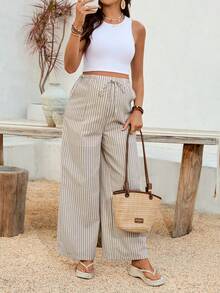 SHEIN 孕妇可调节腰围条纹休闲宽松裤 - 卡其色 - 查看 5
