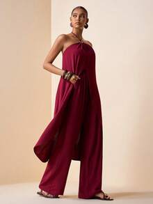 Zivah 2026 Spring/Summer New Arrival Wedding Season, Music Festival, Easter, Western, Boho, Nashville Inspired Party, Wedding, Formal Occasion, Date Night, Gathering, Birthday Elegant Halter Neck Backless Asymmetric Hem Top + Wide Leg Pants Set - Burgundy - View 6