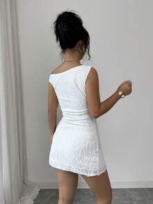 Elenzga Women's Summer New Beach Holiday Dress, White Knit Asymmetrical Shoulder, Sleeveless Fitted A-Line Mini Dress - White - View 2