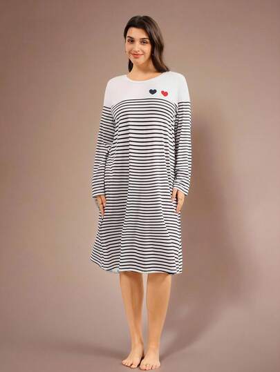 Lazeform Doze Lane Plus Size Comfortable Casual Striped Long Sleeve Nightgown, Cozy And Elegant, Fall & Winter Outfits