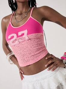ROMWE Spring/Summer Y2K Style Contrast Lace Graphic Embroidered Camisole Top For Women - Hot Pink - View 8