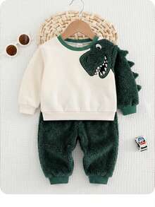 Cute Casual Cartoon Pattern Plush Sweatshirt Set For Baby Boys, Autumn And Winter Style, Dinosaur Cute Animal Element Plush Sweatshirt Set (2-Piece Set), Casual Everyday Sweatshirt Set. - Multicolor - View 6