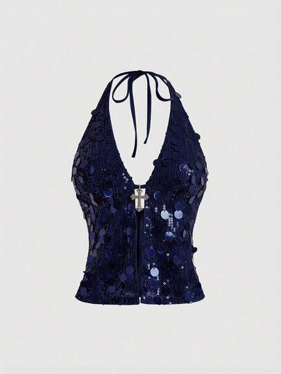 Grunge Punk Disfraz de carnaval de diva punk rock, traje de fiesta de música de festival de Año Nuevo, top de tirantes sexy con lentejuelas y colgante cruzado para mujer, estilo Millennium Y2K