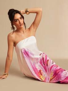 Silquee 女士夏季波西米亚风百合花印花宽松抹胸连衣裙 - 白色 - 查看 6