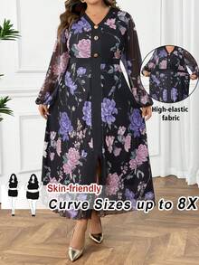 SHEIN CURVE+ Valentine's Day Women's V-Neck Lantern Sleeve Stretch Mesh Contrast Print Fitted Waist Elegant Romantic Plus Size Dress Fall Cloth For Women 8xl Women Clothes Plus Size Floral Dress - Multicolor - View 1