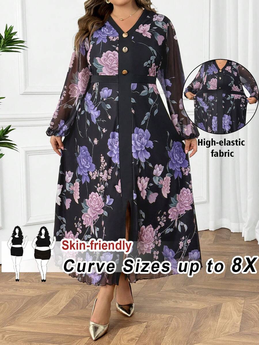 SHEIN CURVE+ Valentine's Day Women's V-Neck Lantern Sleeve Stretch Mesh Contrast Print Fitted Waist Elegant Romantic Plus Size Dress Fall Cloth For Women 8xl Women Clothes Plus Size Floral Dress - Multicolor - View 1