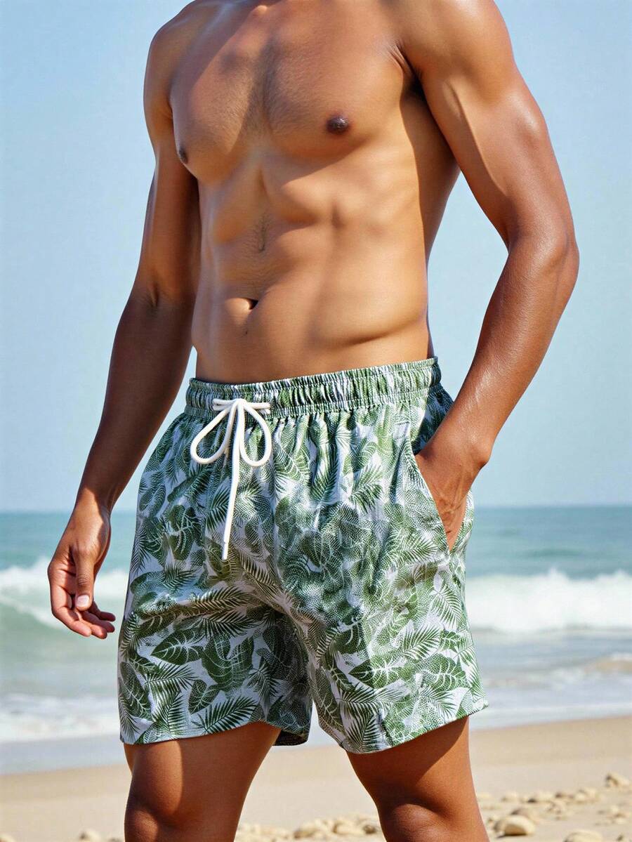 Manfinity Swimmode Men's Turtle Leaf Print Drawstring Beach Shorts - Multicolor - View 1