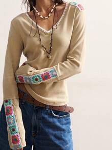 Bohemela Áo thun nữ dài tay cổ chữ V màu trơn, dáng ôm, chất liệu vải mài, thích hợp cho kỳ nghỉ. - Màu be - Xem 5