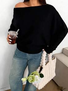 Sunnyshic Áo len nữ cỡ lớn, màu trơn, kiểu dáng rộng rãi, hở vai, phong cách thường ngày. - màu đen - Xem 4