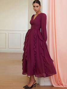 Revavyn 优雅迷人的女士V领腰部褶皱下摆荷叶边雪纺长袖连衣裙，高端约会、情人节之选 - 酒紅色 - 查看 4