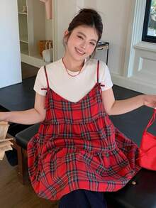 Dazy Plus Valentine Plaid Pattern Casual Christmas & New Year Loose A-Line Camisole And Tank Top, Versatile - Red - View 8