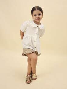 SUMWON Girls Collared Button Front Blouse And Ruffle Hem Shorts Two Piece Summer Outfit Set With Peter Pan Collar Festive Occasionwear - Multicolor - View 7