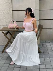 GalTyme Plus Size Loose Fit White Layered Cake Knee-Length Summer Skirt - White - View 5