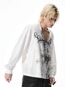 ROMWE MEN Goth 男士V领长袖十字印花休闲白色T恤 - 黑與白 - 查看 4