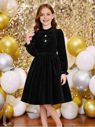 Elladie kids Tween Girls' Elegant Vintage Fashion Sweet Black 3D Bow Faux Pearl Button Puff Sleeve Ruffle Collar Long Sleeve Maxi Dress, Suitable For Holidays, Christmas, Halloween, Birthday Parties, Spring & Autumn