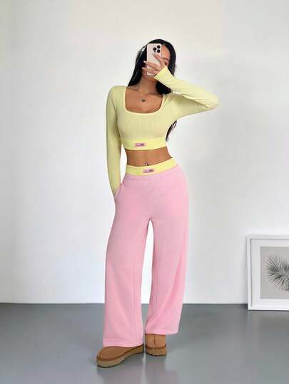 SHEIN PETITE 2pcs/Set Women's Spring And Summer And Summer And Summer Sweet Home Light Sports Leisure Pink Brushed Sweater Pants And Yellow Pit Color Matching Short Long-Sleeved Top Suit, Spelling Letter Badge, Warm And Comfortable,Fall