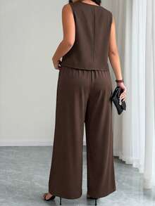 Elenzga 大码休闲通勤纯色背心和裤子套装 - 棕色 - 查看 2